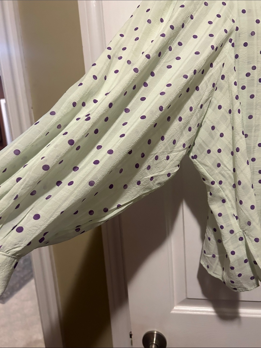 Glam Light Green Polka Dot Button-Up Blouse with Purple Dots - Picture 5 of 8